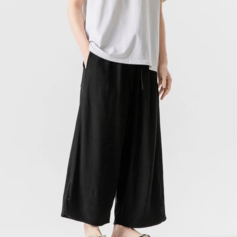 Buddha Stones Pantaloni casual larghi da uomo in cotone e lino con bottoni a rana, lunghezza 7-8, con tasche - Image 21