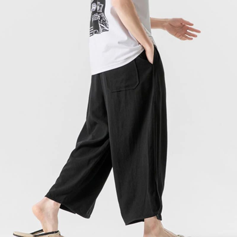 Buddha Stones Pantaloni casual larghi da uomo in cotone e lino con bottoni a rana, lunghezza 7-8, con tasche - Image 24