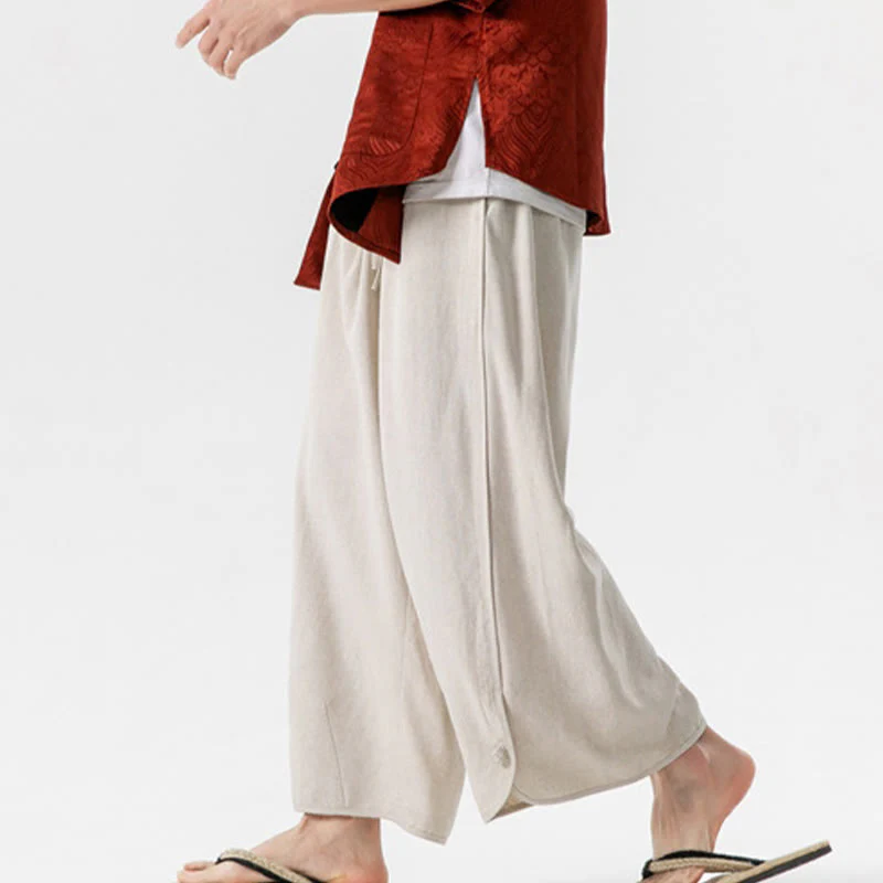 Buddha Stones Pantaloni casual larghi da uomo in cotone e lino con bottoni a rana, lunghezza 7-8, con tasche - Image 3