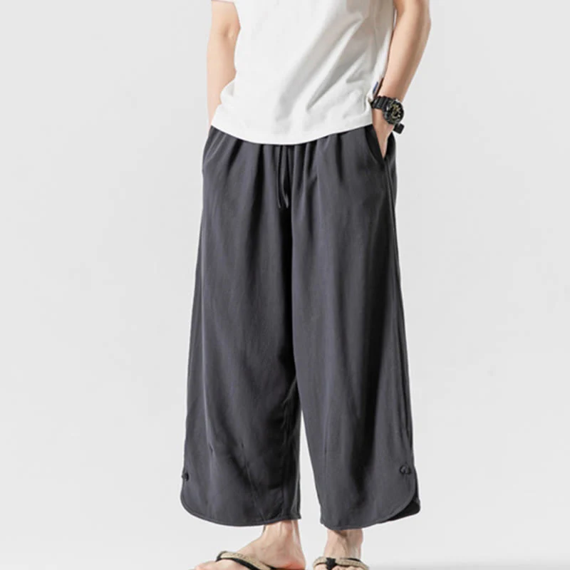 Buddha Stones Pantaloni casual larghi da uomo in cotone e lino con bottoni a rana, lunghezza 7-8, con tasche - Image 30