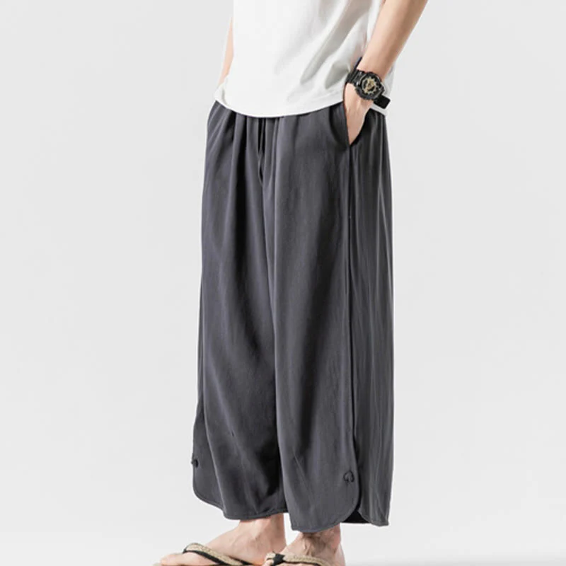 Buddha Stones Pantaloni casual larghi da uomo in cotone e lino con bottoni a rana, lunghezza 7-8, con tasche - Image 31