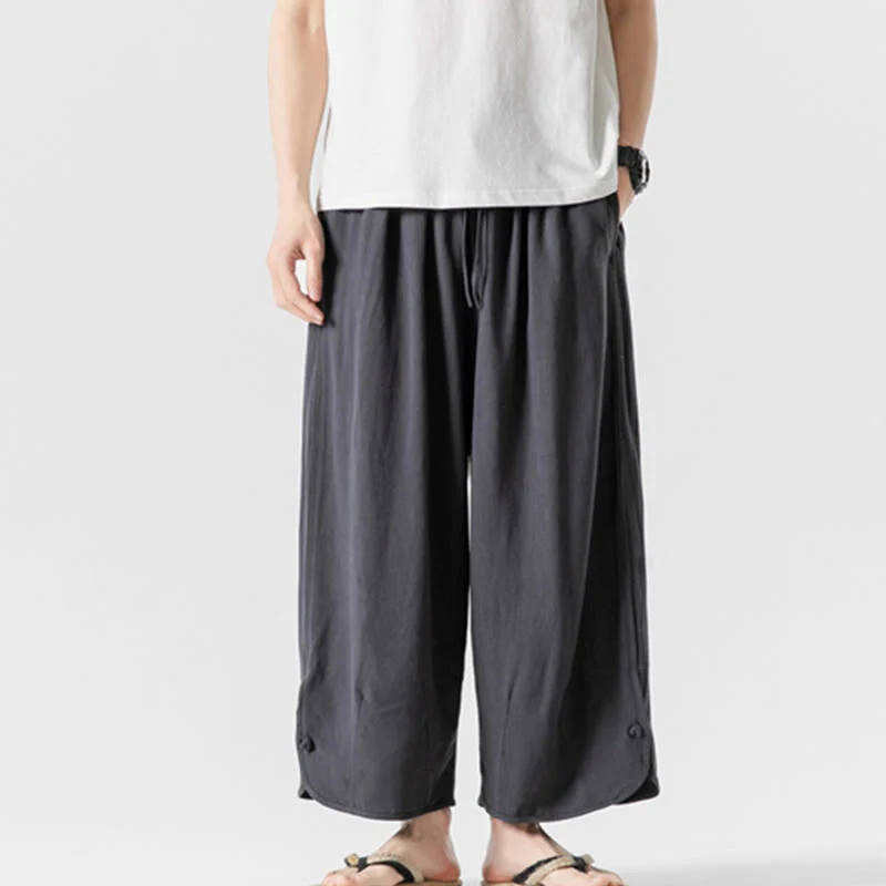 Buddha Stones Pantaloni casual larghi da uomo in cotone e lino con bottoni a rana, lunghezza 7-8, con tasche - Image 32