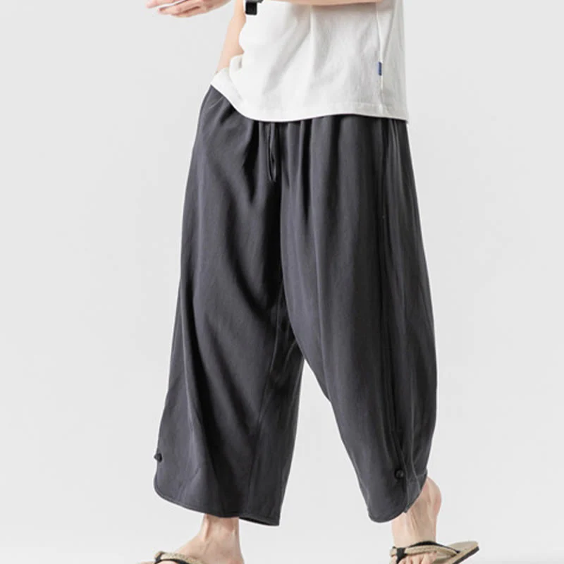Buddha Stones Pantaloni casual larghi da uomo in cotone e lino con bottoni a rana, lunghezza 7-8, con tasche - Image 34