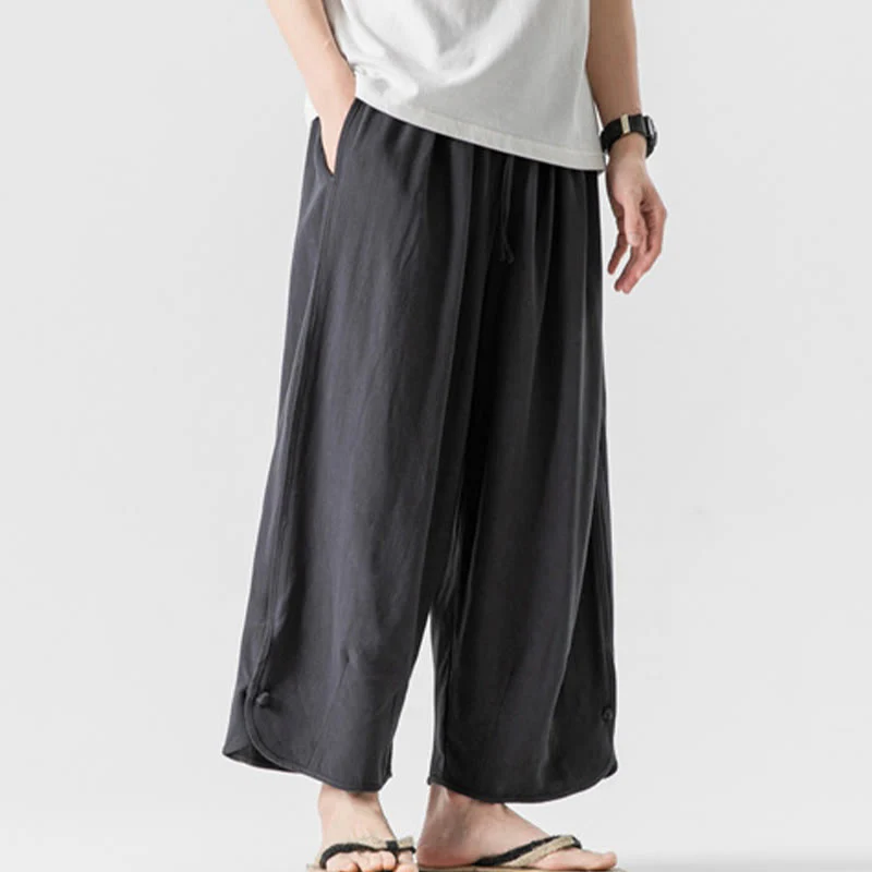 Buddha Stones Pantaloni casual larghi da uomo in cotone e lino con bottoni a rana, lunghezza 7-8, con tasche - Image 35