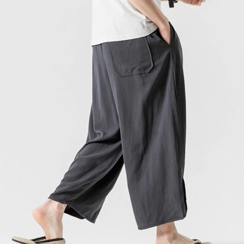 Buddha Stones Pantaloni casual larghi da uomo in cotone e lino con bottoni a rana, lunghezza 7-8, con tasche - Image 36