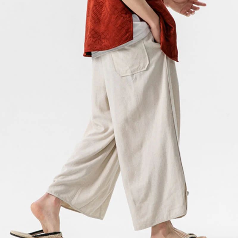 Buddha Stones Pantaloni casual larghi da uomo in cotone e lino con bottoni a rana, lunghezza 7-8, con tasche - Image 5