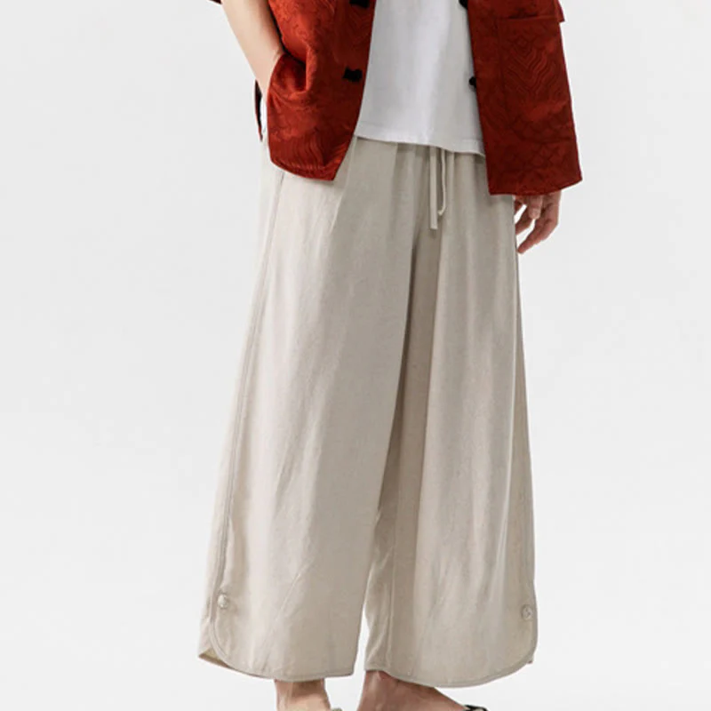 Buddha Stones Pantaloni casual larghi da uomo in cotone e lino con bottoni a rana, lunghezza 7-8, con tasche - Image 6
