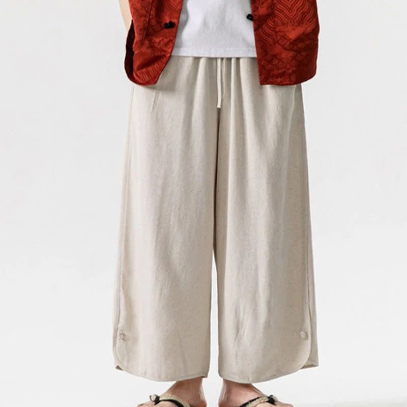 Buddha Stones Pantaloni casual larghi da uomo in cotone e lino con bottoni a rana, lunghezza 7-8, con tasche - Image 7