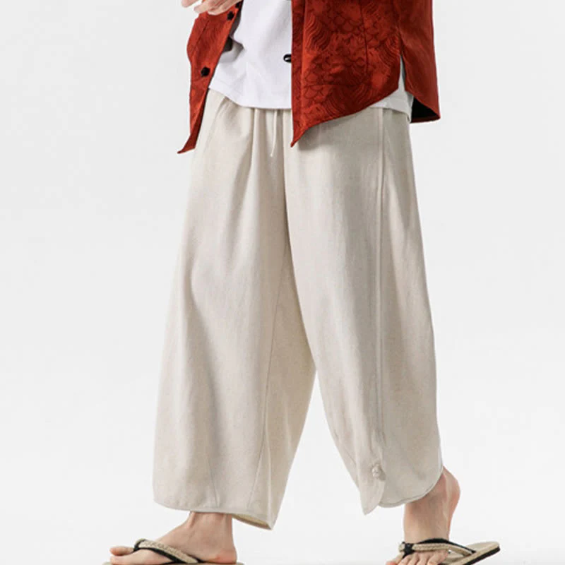 Buddha Stones Pantaloni casual larghi da uomo in cotone e lino con bottoni a rana, lunghezza 7-8, con tasche - Image 8