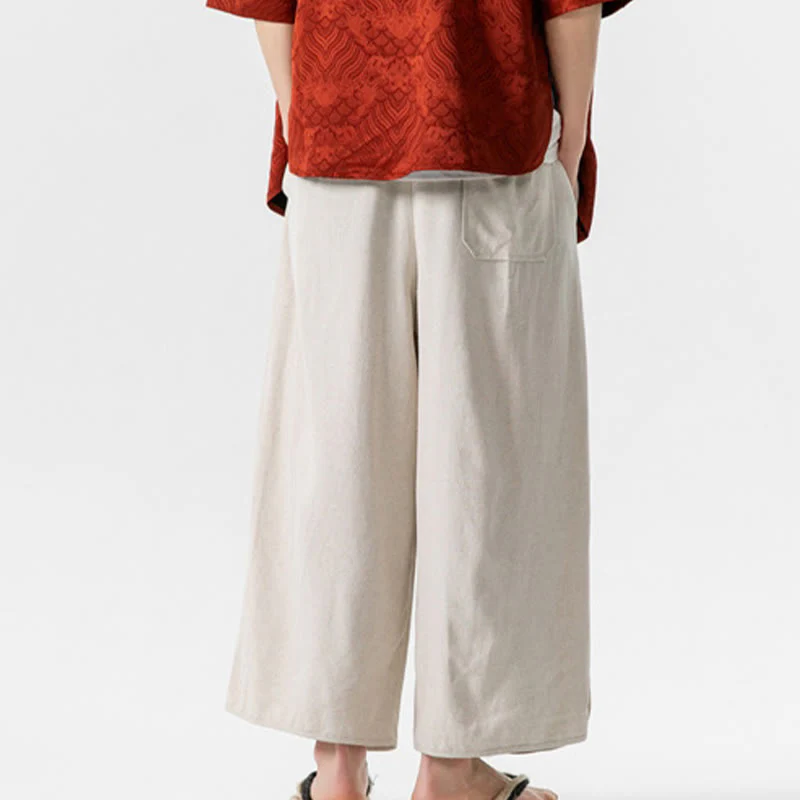 Buddha Stones Pantaloni casual larghi da uomo in cotone e lino con bottoni a rana, lunghezza 7-8, con tasche - Image 9