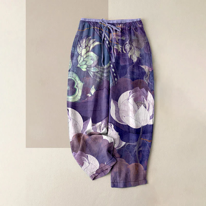 Buddha Stones Pantaloni da donna casual in cotone bianco con motivo a foglie di loto e vita elasticizzata, con tasche. - Image 6