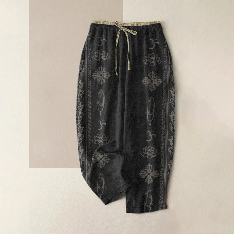 Buddha Stones Pantaloni da donna in cotone casual con elastico in vita e tasche, con stampa di fiori di loto, doppio Dorje Vajra Namaste Om e motivo a doppio Dorje.