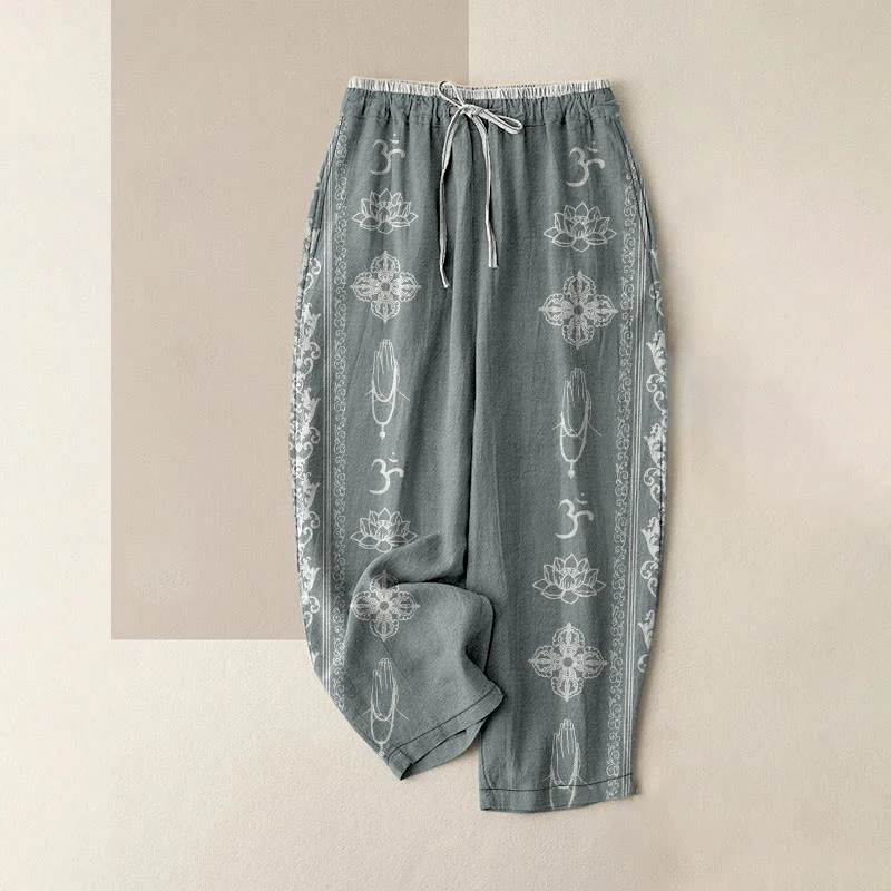 Buddha Stones Pantaloni da donna in cotone casual con elastico in vita e tasche, con stampa di fiori di loto, doppio Dorje Vajra Namaste Om e motivo a doppio Dorje. - Image 5