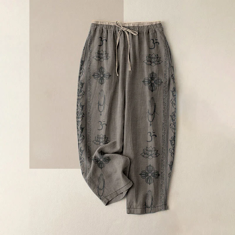 Buddha Stones Pantaloni da donna in cotone casual con elastico in vita e tasche, con stampa di fiori di loto, doppio Dorje Vajra Namaste Om e motivo a doppio Dorje. - Image 6