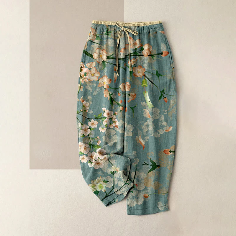 Buddha Stones Pantaloni da donna in cotone casual con elastico in vita e tasche, fantasia a fiori di pesco e oche volanti.