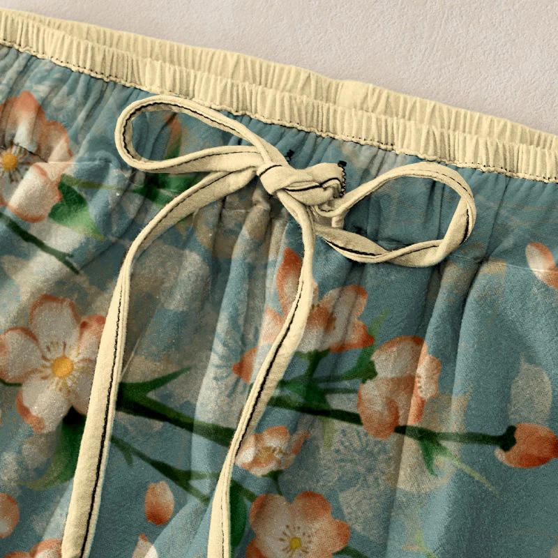 Buddha Stones Pantaloni da donna in cotone casual con elastico in vita e tasche, fantasia a fiori di pesco e oche volanti. - Image 2
