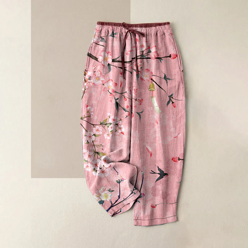 Buddha Stones Pantaloni da donna in cotone casual con elastico in vita e tasche, fantasia a fiori di pesco e oche volanti. - Image 5