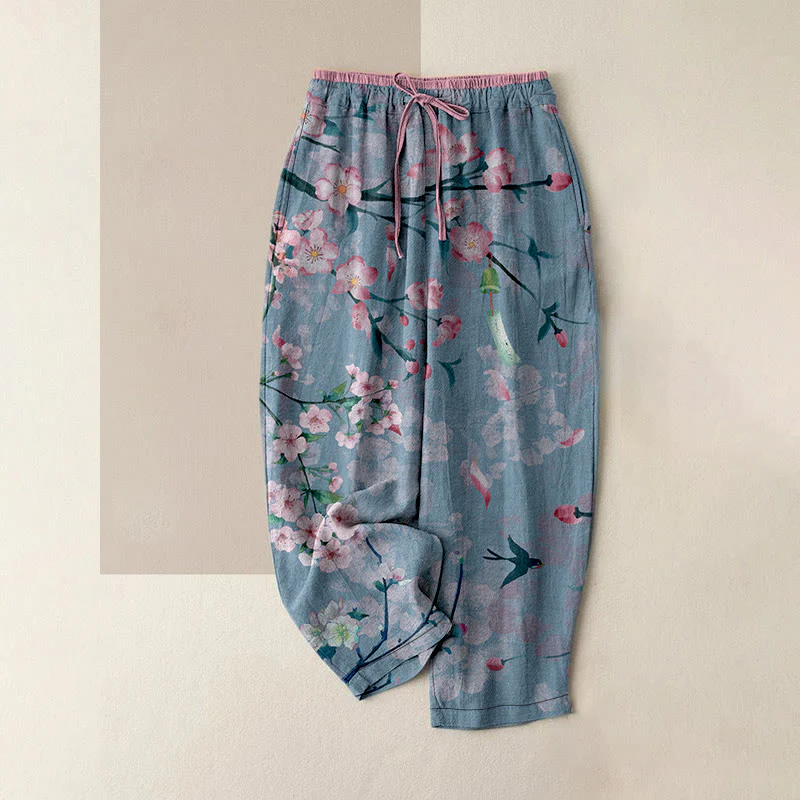 Buddha Stones Pantaloni da donna in cotone casual con elastico in vita e tasche, fantasia a fiori di pesco e oche volanti. - Image 6
