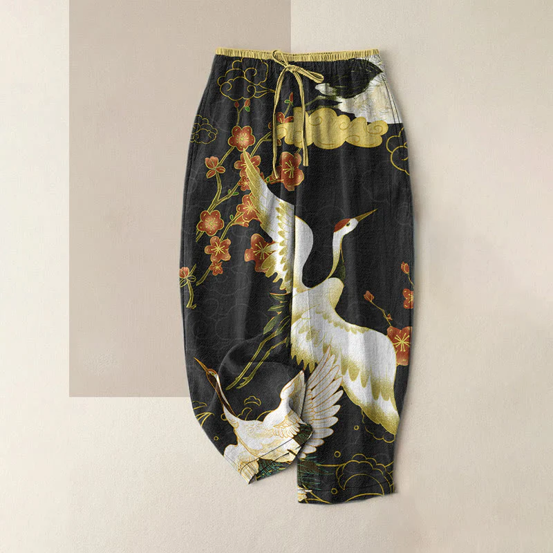 Buddha Stones Pantaloni da donna in cotone casual con elastico in vita e tasche, fantasia gru, fiori e nuvole di buon auspicio.