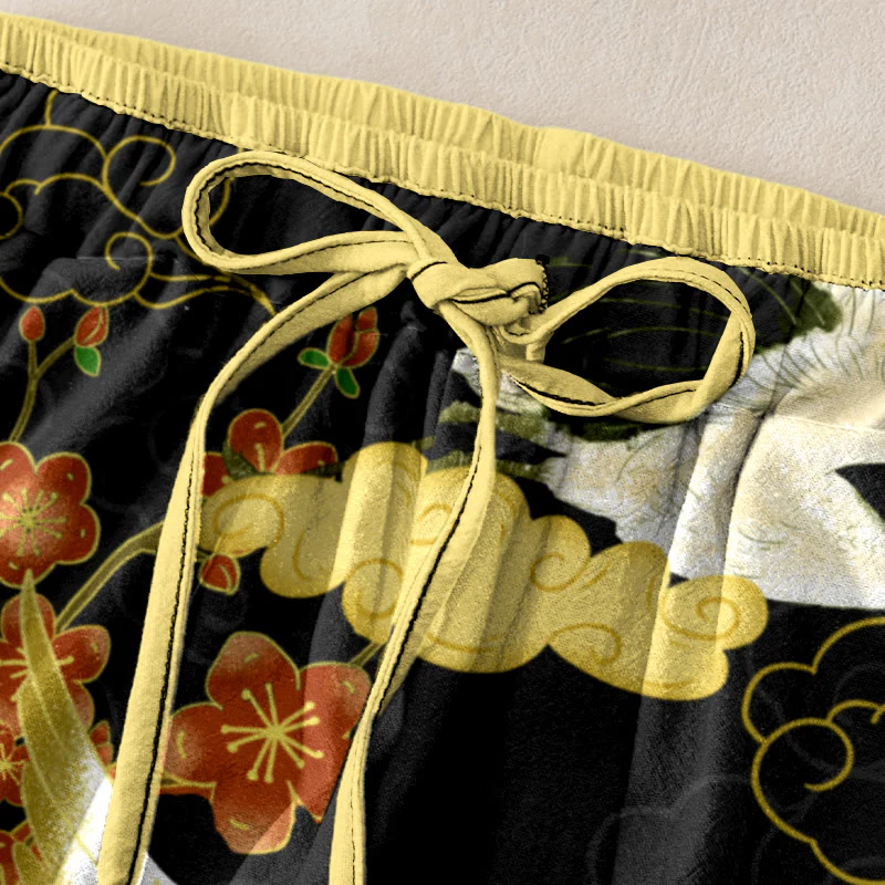 Buddha Stones Pantaloni da donna in cotone casual con elastico in vita e tasche, fantasia gru, fiori e nuvole di buon auspicio. - Image 2