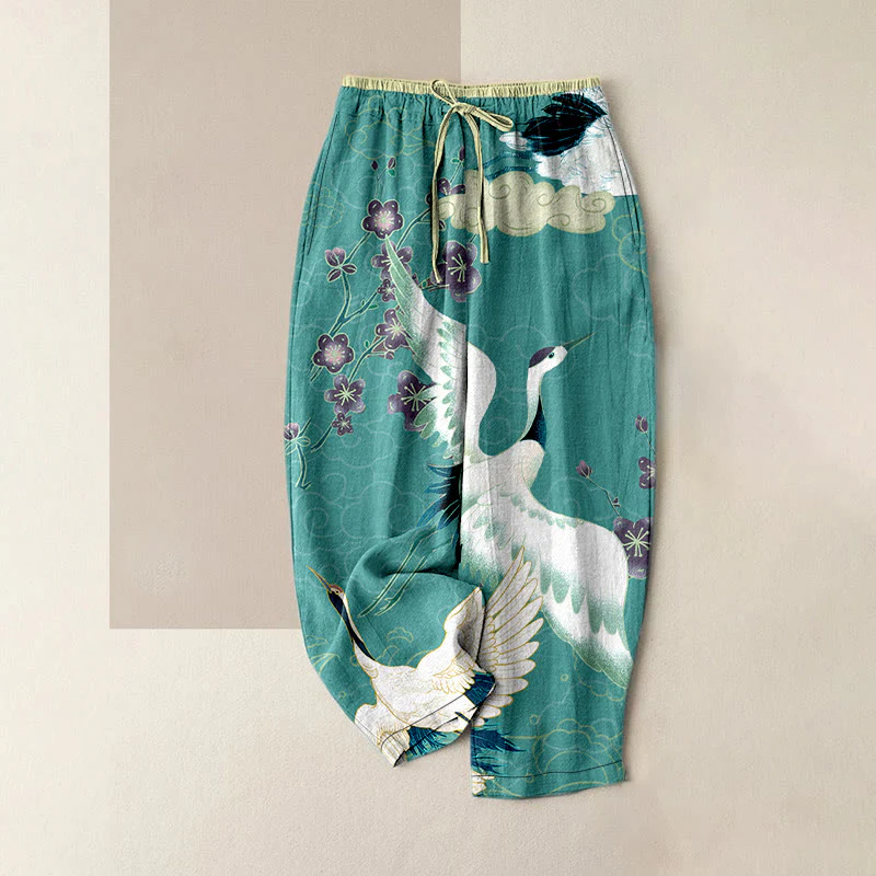 Buddha Stones Pantaloni da donna in cotone casual con elastico in vita e tasche, fantasia gru, fiori e nuvole di buon auspicio. - Image 6