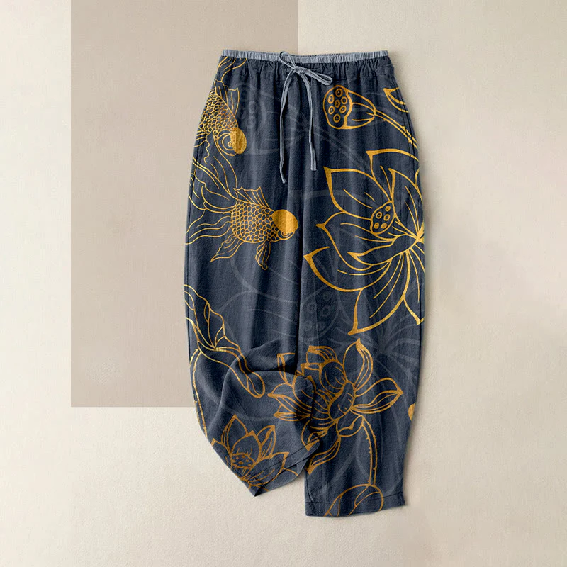 Buddha Stones Pantaloni da donna in cotone casual con elastico in vita e tasche, stampa a foglie di loto e pesci koi. - Image 5