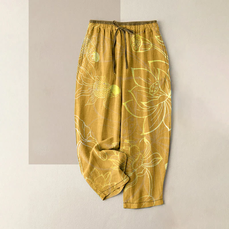 Buddha Stones Pantaloni da donna in cotone casual con elastico in vita e tasche, stampa a foglie di loto e pesci koi. - Image 6