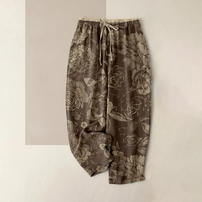 Buddha Stones Pantaloni da donna in cotone casual con motivo di peonie, fiori e foglie, con elastico in vita e tasche. - Image 5