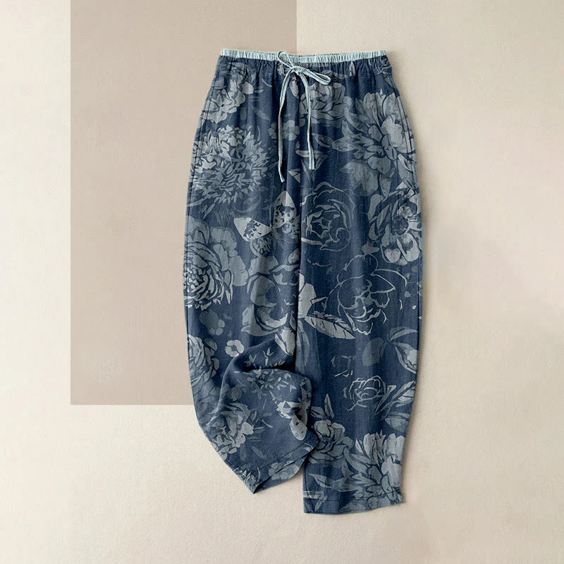 Buddha Stones Pantaloni da donna in cotone casual con motivo di peonie, fiori e foglie, con elastico in vita e tasche. - Image 6