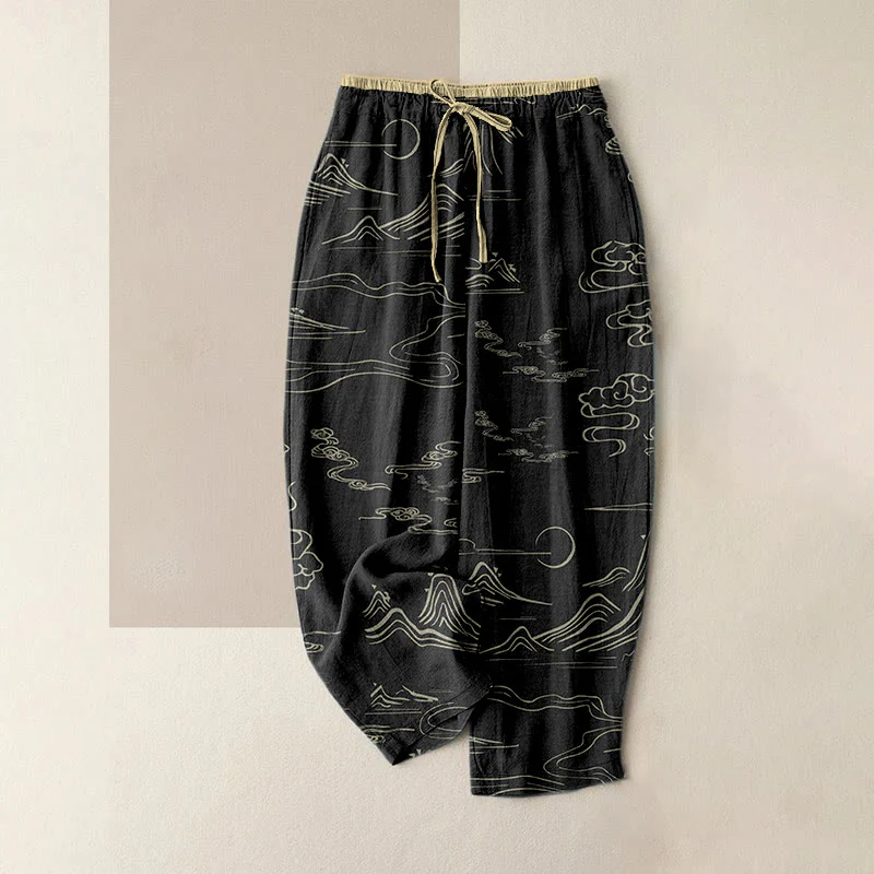 Buddha Stones Pantaloni da donna in cotone casual con motivo montagne, luna e nuvole propizie, con elastico in vita e tasche.