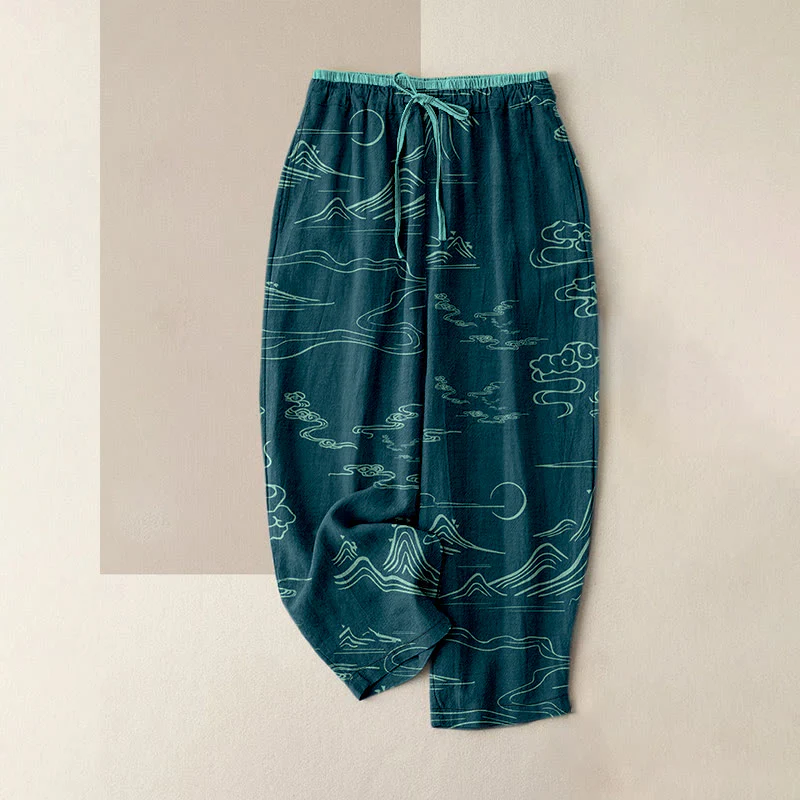 Buddha Stones Pantaloni da donna in cotone casual con motivo montagne, luna e nuvole propizie, con elastico in vita e tasche. - Image 5