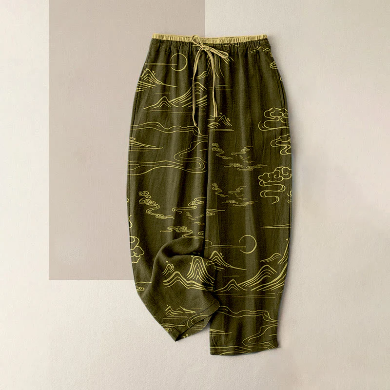 Buddha Stones Pantaloni da donna in cotone casual con motivo montagne, luna e nuvole propizie, con elastico in vita e tasche. - Image 6