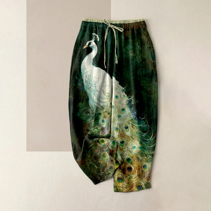 Buddha Stones Pantaloni da donna in cotone, casual, con splendido motivo a pavone, vita elasticizzata e tasche. - Image 5
