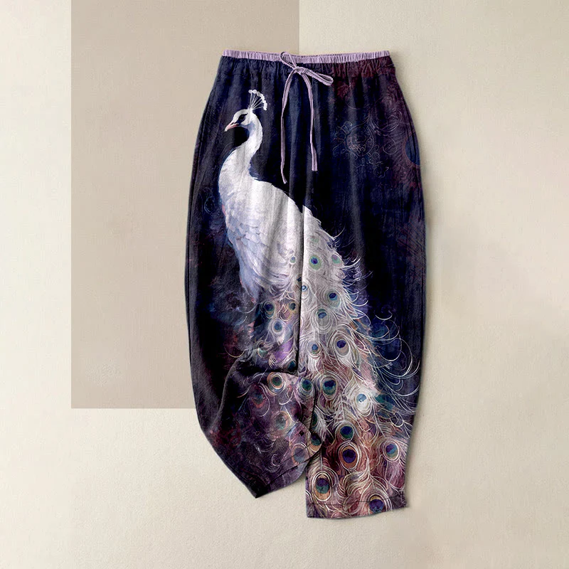 Buddha Stones Pantaloni da donna in cotone, casual, con splendido motivo a pavone, vita elasticizzata e tasche. - Image 6