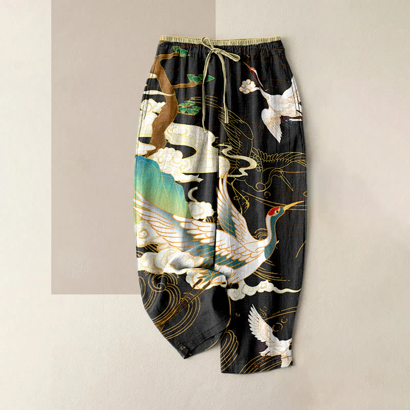 Buddha Stones Pantaloni da donna in cotone casual con stampa di gru volanti, nuvole e alberi, con elastico in vita e tasche.