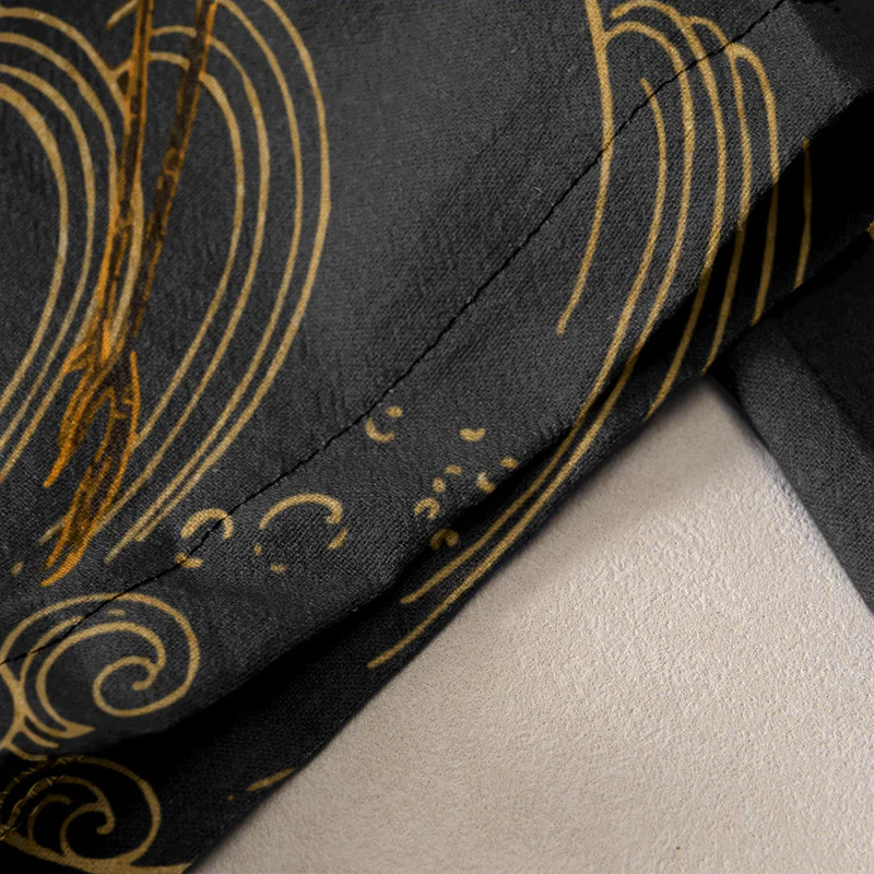 Buddha Stones Pantaloni da donna in cotone casual con stampa di gru volanti, nuvole e alberi, con elastico in vita e tasche. - Image 3