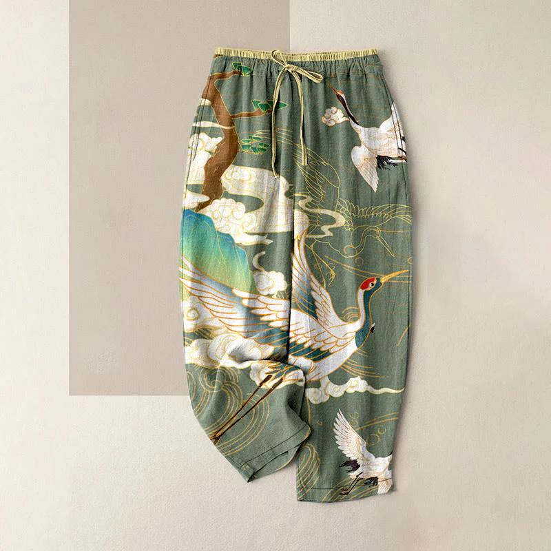 Buddha Stones Pantaloni da donna in cotone casual con stampa di gru volanti, nuvole e alberi, con elastico in vita e tasche. - Image 5