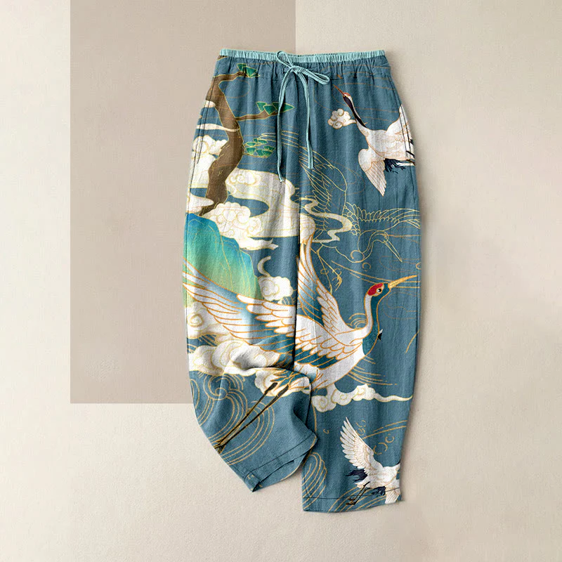 Buddha Stones Pantaloni da donna in cotone casual con stampa di gru volanti, nuvole e alberi, con elastico in vita e tasche. - Image 6