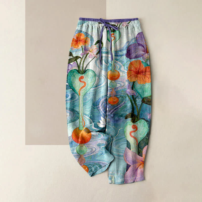 Buddha Stones Pantaloni da donna in cotone con coulisse in vita e motivo floreale, con tasche.