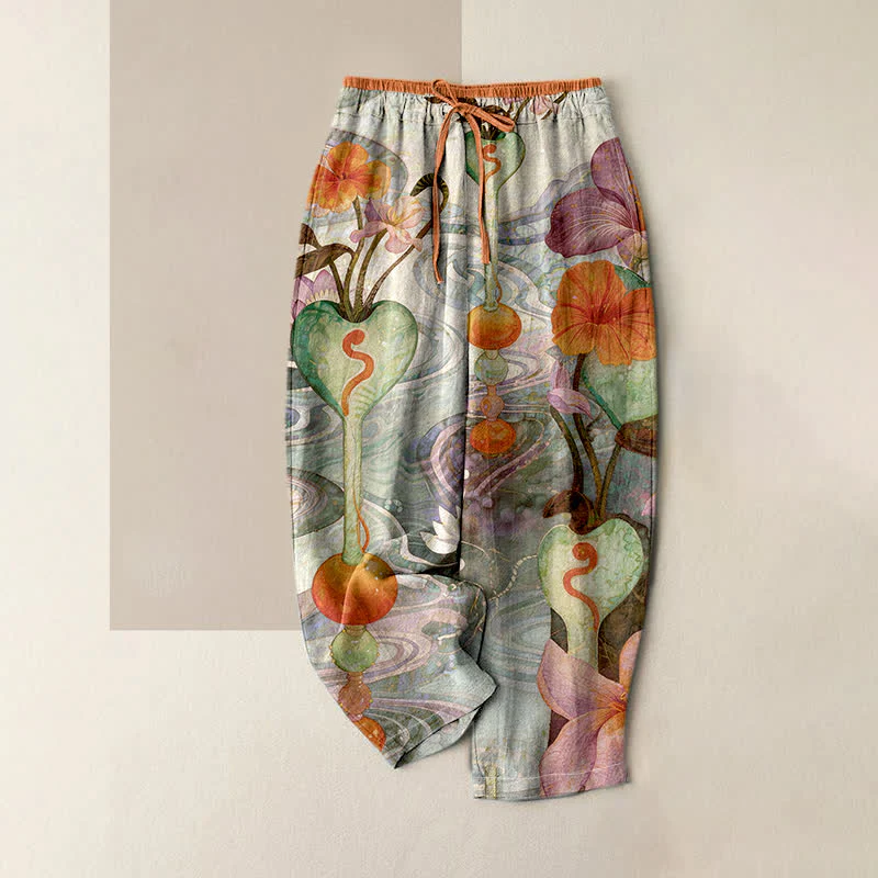 Buddha Stones Pantaloni da donna in cotone con coulisse in vita e motivo floreale, con tasche. - Image 4