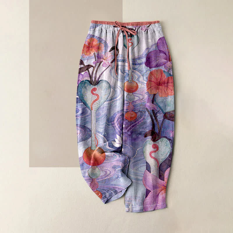 Buddha Stones Pantaloni da donna in cotone con coulisse in vita e motivo floreale, con tasche. - Image 5