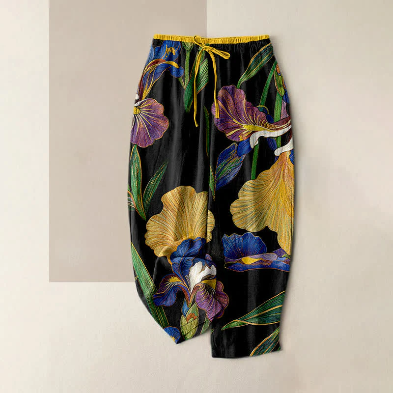 Buddha Stones Pantaloni da donna in cotone con elastico in vita e coulisse, fantasia floreale a iris colorata, con tasche.