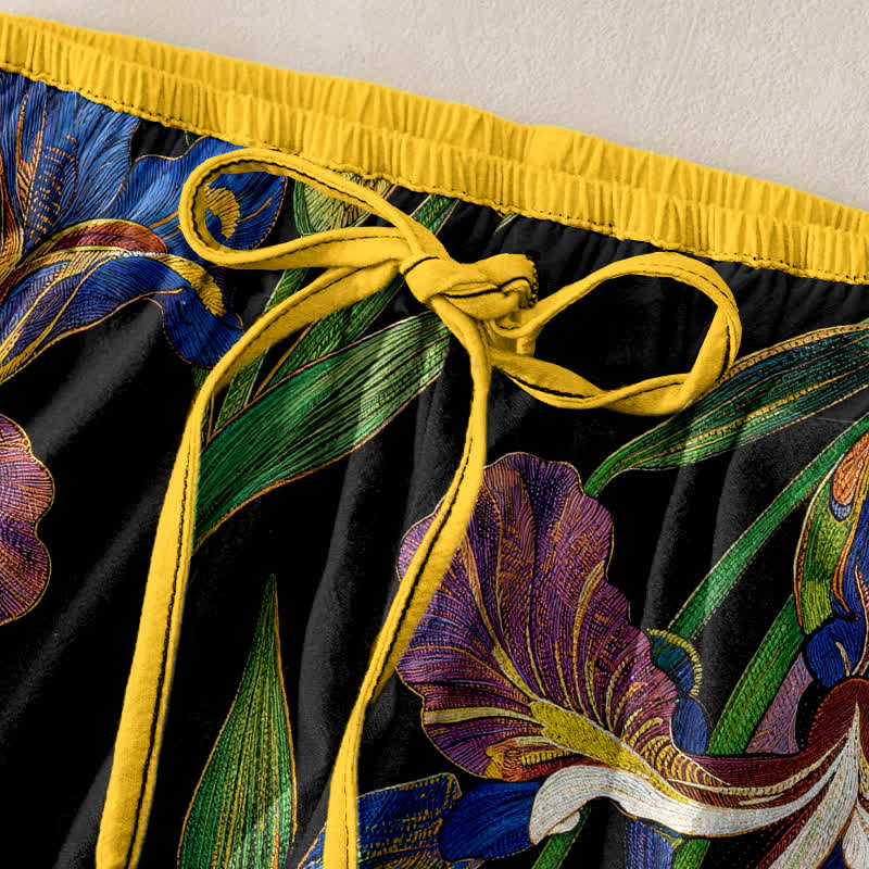 Buddha Stones Pantaloni da donna in cotone con elastico in vita e coulisse, fantasia floreale a iris colorata, con tasche. - Image 2