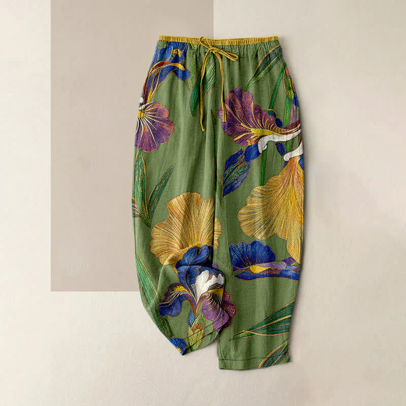 Buddha Stones Pantaloni da donna in cotone con elastico in vita e coulisse, fantasia floreale a iris colorata, con tasche. - Image 5