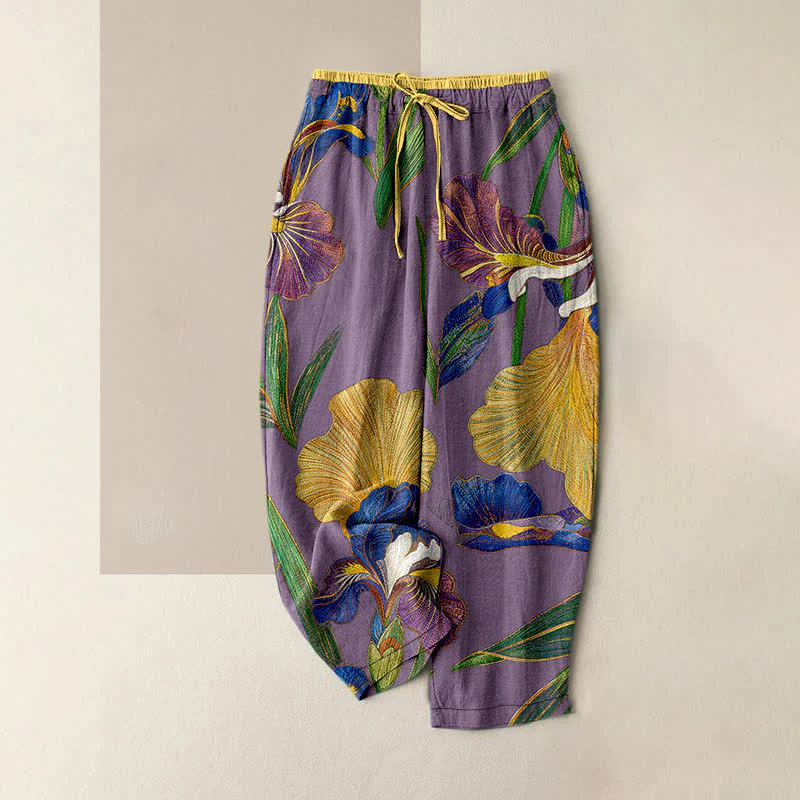 Buddha Stones Pantaloni da donna in cotone con elastico in vita e coulisse, fantasia floreale a iris colorata, con tasche. - Image 6