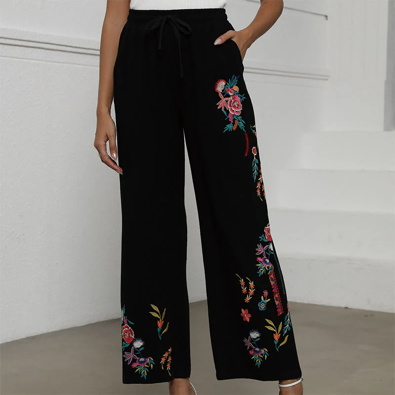 Buddha Stones Pantaloni da donna in cotone e lino con coulisse, con tasche, in tinta unita, con ricamo etnico estivo nero