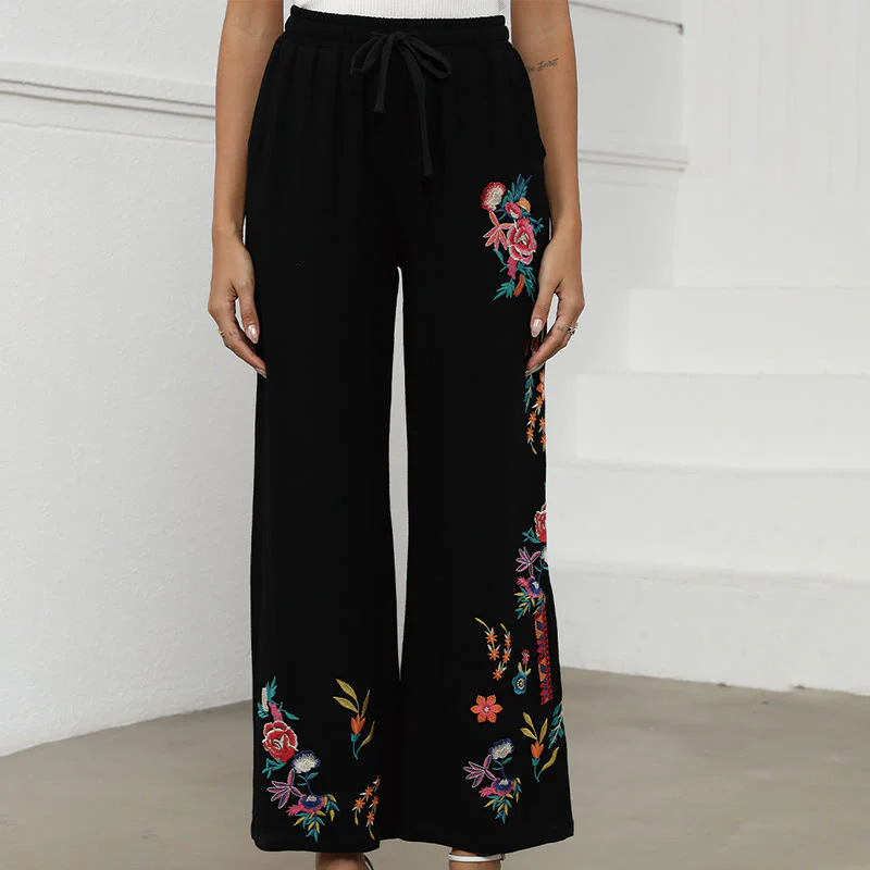 Buddha Stones Pantaloni da donna in cotone e lino con coulisse, con tasche, in tinta unita, con ricamo etnico estivo nero - Image 2