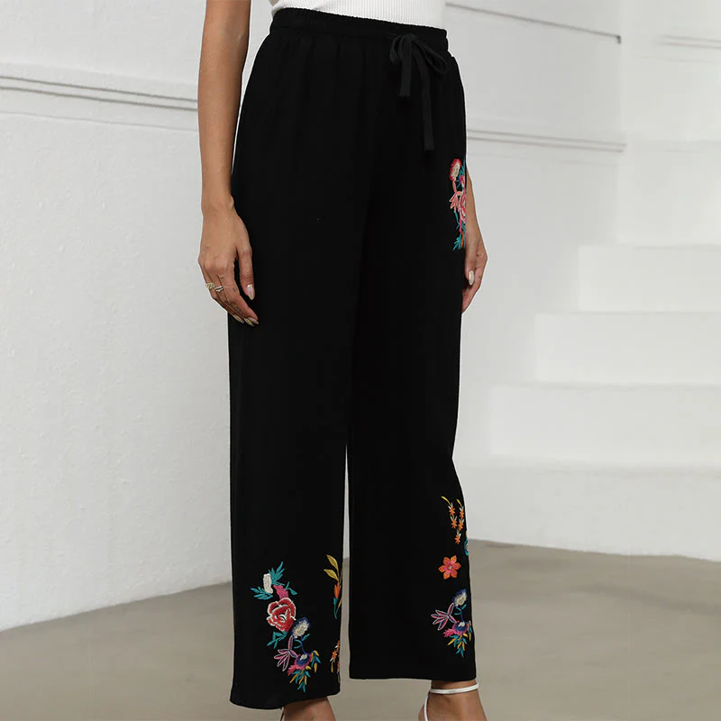 Buddha Stones Pantaloni da donna in cotone e lino con coulisse, con tasche, in tinta unita, con ricamo etnico estivo nero - Image 3