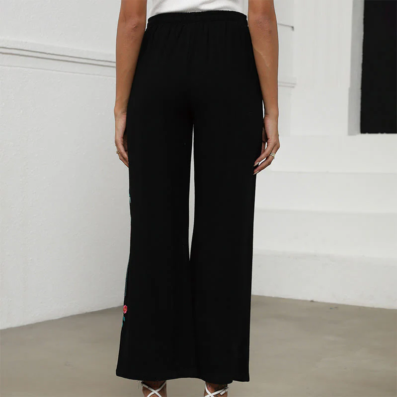 Buddha Stones Pantaloni da donna in cotone e lino con coulisse, con tasche, in tinta unita, con ricamo etnico estivo nero - Image 4