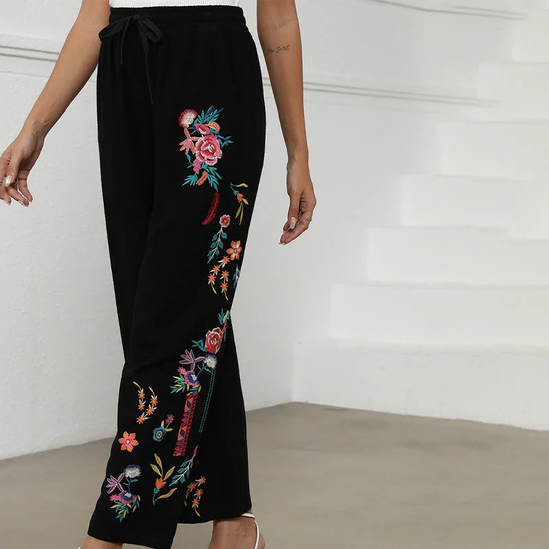 Buddha Stones Pantaloni da donna in cotone e lino con coulisse, con tasche, in tinta unita, con ricamo etnico estivo nero - Image 5